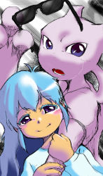 1girl ajisai_kuro ambertwo_(pokemon) blush dress gen_1_pokemon green_hair highres holding holding_another&#039;s_arm holding_removed_eyewear legendary_pokemon long_hair long_sleeves looking_at_viewer mewtwo nintendo open_mouth pokemon pokemon:_the_first_movie_-_mewtwo_strikes_back pokemon_(anime) pokemon_(classic_anime) pokemon_(creature) portrait purple_eyes simple_background smile sunglasses tears teeth unworn_eyewear white_dress
