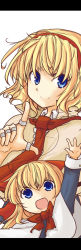 Rule 34 | 1girl, alice margatroid, blonde hair, blue eyes, female focus, hairband, highres, letterboxed, long image, lysander z, ribbon, shanghai doll, short hair, solo, tall image, touhou