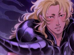 Rule 34 | ameliecausse, aries shion, armor, black armor, blonde hair, fake horns, hikimayu, horned armor, horns, long hair, looking at viewer, parted lips, portrait, saint seiya, sheep horns