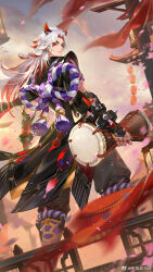 1boy arataki_itto architecture armlet armored_boots bare_shoulders black_jacket black_pants blue_sky boots bracelet bracer cherry_blossoms closed_mouth collared_jacket colored_tips demon_horns drum drumsticks east_asian_architecture expressionless falling_petals feet_out_of_frame floating_hair from_behind genshin_impact gradient_sky high_collar highres holding holding_drumsticks holding_instrument horns instrument jacket jewelry knee_boots lantern light_frown light_particles lips long_hair looking_at_viewer looking_back male_focus multicolored_hair multiple_bracelets orange_sky outdoors pants paper_lantern petals pointy_ears pointy_nose purple_boots red_eyes red_hair red_horns sky sleeveless sleeveless_jacket solo spiked_bracelet spikes spring_(season) sunset taiko_drum taiko_sticks thick_eyebrows v-shaped_eyebrows watermark weibo_watermark white_hair wind ye_dian_pikaqiu