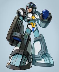 Rule 34 | 1boy, android, arm cannon, armor, black helmet, blue background, blue gloves, clenched hand, closed mouth, forehead jewel, full body, gaea armor x (mega man), gloves, green eyes, helmet, highres, hoshi mikan, jewelry, male focus, mega man (series), mega man x5, mega man x (series), robot, robot ears, shoulder armor, simple background, solo, standing, weapon, white armor, x (mega man)