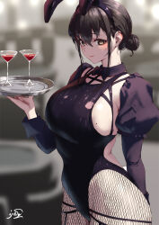 1girl animal_ears aya_(jonsun) black_hair black_hairband black_leotard blurry blurry_background blush breasts closed_mouth commentary_request fake_animal_ears fishnet_pantyhose fishnets hair_ornament hairband hand_up highleg highleg_leotard holding jonsun large_breasts leotard long_sleeves looking_at_viewer mole mole_on_breast original outdoors pantyhose rabbit_ears sideboob smile solo yellow_eyes