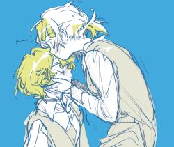 1boy 1girl blonde_hair collared_shirt cowboy_shot hetero highres kampuzu kiss kissing_forehead kromer_(project_moon) limbus_company limited_palette low_ponytail multicolored_hair ponytail project_moon school_uniform shirt short_hair sinclair_(project_moon) streaked_hair sweater_vest white_hair white_shirt wide-eyed yellow_eyes