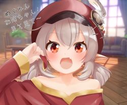 Rule 34 | 1girl, 3d background, :d, ahoge, alternate costume, bare shoulders, blurry, newsboy cap, clover print, collarbone, commentary request, cosplay, depth of field, dress, genshin impact, hair between eyes, hat, hat feather, hat ornament, highres, holding eyepatch, klee (genshin impact), kono subarashii sekai ni shukufuku wo!, long hair, long sleeves, looking at viewer, low twintails, megumin, megumin (cosplay), off shoulder, open mouth, orange eyes, pan (pixiv41343614), red dress, red hat, sidelocks, silver hair, smile, solo, strapless, strapless dress, trait connection, translated, twintails