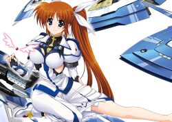 1girl black_gloves blue_eyes blush boots breasts brown_hair collared_shirt commentary fingerless_gloves foot_out_of_frame gloves hair_ribbon higa_yukari highres large_breasts long_hair long_sleeves looking_at_viewer lyrical_nanoha mahou_senki_lyrical_nanoha_force raising_heart ribbon shield shirt side_ponytail sitting skirt solo takamachi_nanoha torn_clothes torn_shirt very_long_hair weapon white_boots white_ribbon white_shirt white_skirt