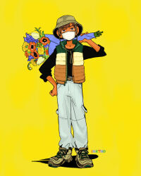 Rule 34 | 1boy, absurdres, artist name, belt, black shirt, bouquet, brown hair, brown shoes, chilchuck tims, dungeon meshi, flower, full body, highres, holding, holding bouquet, katy ho, male focus, mask, mouth mask, open clothes, open vest, over shoulder, pants, shirt, shoes, short hair, sneakers, solo, vest, white pants, yellow background