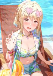 1girl birthday blonde_hair blush breasts cleavage earrings embarrassed eyewear_on_head heart heart-shaped_eyewear highres jewelry juice large_breasts looking_at_viewer love_live! love_live!_nijigasaki_high_school_idol_club miyashita_ai navel necklace open_clothes ponytail pool shamakho short_shorts shorts sidelocks sitting solo sunglasses upper_body yellow_eyes