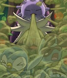 &gt;_&lt; closed_eyes creatures_(company) falling_leaves game_freak gen_1_pokemon gen_4_pokemon highres koffing komepan leaf nintendo no_humans open_mouth piplup pokemon pokemon_(creature) pokemon_focus riolu skuntank smoke tearing_up tongue translation_request tree