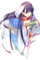 1girl belt blue_eyes blue_thighhighs breasts capelet cleavage echo_(circa) fate/grand_order fate_(series) gauntlets hair_ribbon large_breasts leaning_forward long_hair looking_at_viewer martha_(fate) purple_hair ribbon smile solo staff thighhighs white_capelet