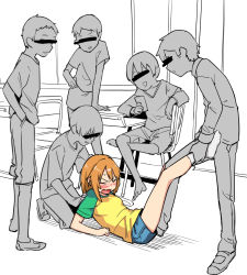 1girl 5boys blush brown_hair bullying cellphone classroom denki_anma closed_eyes female_footjob highres idolmaster idolmaster_cinderella_girls leg_grab muchi_maro multiple_boys onlookers partially_colored phone restrained school shorts taking_picture yuuki_haru