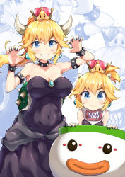 2girls armlet bare_shoulders bib black_dress black_nails blonde_hair blush bowsette bowsette_jr. bracelet breasts brooch claw_pose cleavage collar collarbone commentary_request covered_navel crown dress earrings fang fang_out fingernails forked_eyebrows grin hair_between_eyes hands_up highres horns jewelry koopa_clown_car large_breasts long_hair looking_at_viewer mario_(series) medium_breasts miyabi_(miyabeeya) mother_and_daughter multiple_girls nail_polish new_super_mario_bros._u_deluxe nintendo ponytail sharp_fingernails sharp_teeth smile spiked_armlet spiked_bracelet spiked_collar spiked_shell spikes teeth thick_eyebrows turtle_shell v-shaped_eyebrows zoom_layer