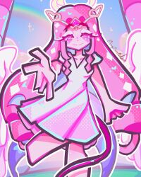 1girl absurdres angel angel_wings artist_request breasts cleavage colored_skin cookie_run cookie_run:_kingdom dress eternal_sugar_cookie eyes_on_wings food-themed_hair_ornament fruit_hair_ornament hair_ornament highres long_hair looking_at_viewer pink_eyes pink_hair pink_skin smile solo very_long_hair white_dress white_eyeshadow wings