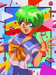 Rule 34 | 1990s (style), 1girl, araizumi rui (style), blue skirt, bow, green eyes, green hair, highres, kiyokawa nozomi, looking to the side, memphis design, open hand, open mouth, potiri02, retro artstyle, school uniform, serafuku, short hair, skirt, solo, tokimeki memorial, tokimeki memorial 1, waving, yellow bow