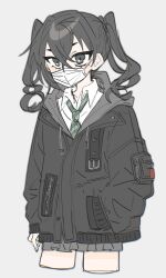 1girl black_hair black_jacket commentary cropped_legs crossed_bangs green_necktie grey_skirt hair_between_eyes hamuchosu hand_in_pocket highres hood hooded_jacket idolmaster idolmaster_cinderella_girls jacket long_hair looking_ahead mask mole mole_under_eye mouth_mask necktie pleated_skirt school_uniform shirt simple_background skirt solo sunazuka_akira symbol-only_commentary thighs twintails white_mask white_shirt