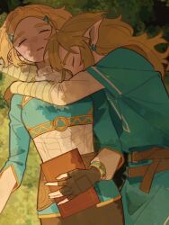Rule 34 | 1boy, 1girl, 2yang, black gloves, black pants, blue shirt, braid, champion&#039;s tunic (zelda), closed eyes, couple, crown braid, ear piercing, fingerless gloves, from above, gloves, hair ornament, hairclip, hashtag-only commentary, hetero, highres, hug, link, long hair, nintendo, on ground, pants, parted lips, piercing, pointy ears, princess zelda, shirt, short hair, sleeping, the legend of zelda, the legend of zelda: tears of the kingdom