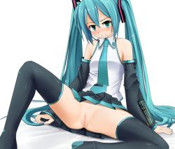 Rule 34 | 1girl, angry, aqua eyes, aqua hair, bad anatomy, bad id, bad pixiv id, bad vulva, blush, boots, detached sleeves, eto, female focus, hatsune miku, headset, long hair, necktie, no panties, pussy, simple background, sitting, skirt, solo, spread legs, sweat, tears, thigh boots, thighhighs, twintails, uncensored, very long hair, vocaloid, wide spread legs