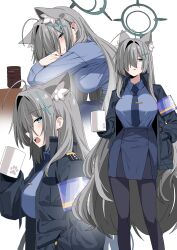 Rule 34 | 1girl, absurdres, aged up, alternate costume, aqua eyes, aqua halo, b.t. (boob tong), black pantyhose, blue archive, blue shirt, coffee mug, cosplay, cup, hair over one eye, halo, highres, holding, holding cup, kanna (blue archive), kanna (blue archive) (cosplay), long hair, mug, multiple boys, multiple views, open mouth, pantyhose, shiroko (blue archive), shiroko terror (blue archive), shirt, solo, very long hair, white background