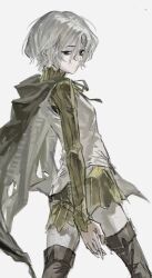 1boy bags_under_eyes black_eyes boots cloak dungeon_meshi elf feet_out_of_frame gorget green_cloak green_shirt grey_hair highres hood hooded_cloak lazy_eye long_sleeves looking_at_viewer looking_back male_focus mithrun notched_ear pointy_ears shirt short_hair simple_background sketch solo sona_(lnjixn) thigh_boots tunic uneven_eyes wavy_hair white_background