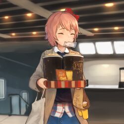 1girl bag bow carol.j.jamison closed_eyes doki_doki_literature_club food hair_bow highres holding mouth_hold movie_theater popcorn red_bow sayori_(doki_doki_literature_club) smile solo