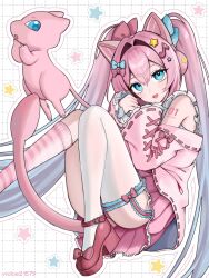 1girl alternate_costume alternate_hair_color animal_ear_headphones animal_ears artist_name asymmetrical_legwear blue_eyes bow creatures_(company) fake_animal_ears fortissimo game_freak garter_straps gen_1_pokemon grid_background hair_bow hair_ornament hatsune_miku headphones high_heels highres jacket kneehighs legendary_pokemon long_hair long_sleeves looking_at_viewer mew_(pokemon) miniskirt mismatched_legwear musical_note musical_note_hair_ornament mythical_pokemon nintendo off_shoulder open_mouth pink_hair pink_jacket pink_skirt pink_socks pokemon pokemon_(creature) red_shoes ribbon-trimmed_jacket ribbon_trim shoes single_kneehigh single_sock single_thighhigh skirt socks solo star_(symbol) star_hair_ornament striped_clothes striped_socks tail thighhighs twintails uneven_legwear very_long_hair vickie_(cryingrobot) vocaloid white_background white_thighhighs