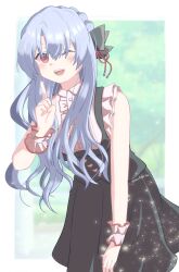 1girl ;d absurdres alternate_costume alternate_hairstyle black_bow black_skirt blue_hair blurry blurry_background blush border bow braid buttons center_frills collared_shirt commentary crown_braid feet_out_of_frame frilled_shirt frilled_wrist_cuffs frills hair_bow hair_ribbon hand_up happy heart_button high-waist_skirt highres inashiso_(nonsugar) index_finger_raised jirai_kei leaning_forward light_particles long_hair long_skirt looking_at_viewer one_eye_closed open_mouth outside_border pink_shirt pink_wrist_cuffs red_eyes red_ribbon ribbon shirt simple_background skirt sleeveless sleeveless_shirt smile solo sorakado_ao standing summer_pockets teeth upper_teeth_only white_border wrist_cuffs