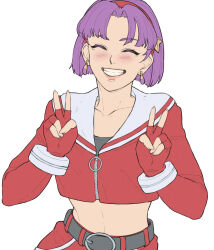 asamiya_athena hair_ornament idol psycho_soldier purple_hair shorts smile snk star_(symbol) star_hair_ornament the_king_of_fighters the_king_of_fighters_&#039;99 victory_sign