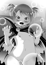 1girl arm_up blush breasts cape claw_pose collar fang flat_chest flower frilled_collar frills grey_background groin hair_bobbles hair_ornament halloween halloween_costume indoors kakeru_(bar_peachpit) loli mahou_shoujo_pretty_bell misaki_eri_(mahou_shoujo_pretty_bell) monochrome navel nipples nude open_mouth rose short_twintails smile twintails vampire vampire_costume