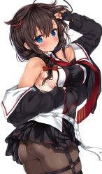 1girl ahoge arm_up ass bare_shoulders belt black_gloves black_jacket black_skirt blush braid breasts brown_hair brown_pantyhose commentary_request fingerless_gloves gloves hair_between_eyes hair_flaps highres jacket kantai_collection large_breasts long_hair looking_at_viewer miniskirt nijimoto_hirok o-ring o-ring_thigh_strap off_shoulder one-piece_tan open_clothes open_jacket pantyhose pleated_skirt shigure_(kancolle) shigure_kai_san_(kancolle) simple_background single_braid skirt solo tan tanline thigh_strap twisted_torso white_background white_belt
