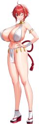 1girl absurdres ahoge armband bandaged_arm bandages bra breasts cleavage clenched_teeth derauea game_cg gold_choker hair_ornament hands_on_own_hips high_heel_sandals highres huge_breasts karla_lil_earthian light_blush lightning_bolt lightning_bolt_hair_ornament lightning_bolt_symbol looking_at_viewer mawashi motto!_haramase!_honoo_no_oppai_isekai_oppai_bunny_gakuen! navel non-web_source official_art one_eye_closed pelvic_curtain red_eyes red_hair short_hair sidelocks skindentation smile socks solo sumo tachi-e teeth transparent_background underwear white_bra white_socks