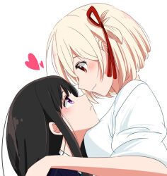 2girls black_hair blonde_hair blue_shirt blush bob_cut breasts close-up closed_mouth commentary_request couple expressionless eye_contact eyelashes hair_ribbon heart inoue_takina large_breasts light_smile long_hair long_sidelocks looking_at_another lycoris_recoil midori_no_chiisai_no multiple_girls nishikigi_chisato purple_eyes red_eyes red_ribbon ribbon shirt short_hair short_sleeves sidelocks simple_background white_background white_shirt yuri