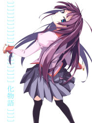 1girl bad_id bad_pixiv_id bakemonogatari blue_eyes female_focus head_tilt highres long_hair looking_back monogatari_(series) neo1031 purple_hair school_uniform senjougahara_hitagi shaft_look simple_background solo stapler thighhighs white_background