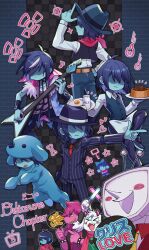 &gt;_&lt; 1girl 1other 2boys ant_tenna artist_name black_jacket black_shirt blue_bow blue_hair blue_hat blue_pants blue_skin blush bottle bow buttons closed_mouth collared_shirt colored_skin commentary_request copyright_name cowboy cowboy_hat deltarune fried_egg ftr_go_to furry furry_female furry_male glasses glowstick green-framed_eyewear guitar hair_bow hat heart highres holding holding_glowstick holding_guitar holding_instrument holding_plate holding_plectrum holding_sign instrument jacket key kris_(cooking_show)_(deltarune) kris_(dark_world)_(deltarune) kris_(deltarune) kris_(lightners_live)_(deltarune) kris_(ralsei_rancher)_(deltarune) kris_(sharpshoot)_(deltarune) long_sleeves milk_bottle multiple_boys music musical_note necktie onesie open_mouth pants pink_hair plate playing_guitar playing_instrument plectrum pointing ralsei red_necktie shirt short_hair sign smile star_(symbol) susie_(dark_world)_(deltarune) susie_(deltarune) tongue tongue_out twitter_username western white_fur yellow_eyes