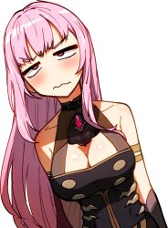 1girl bare_shoulders blush breasts cleavage closed_mouth ddolbang highres hololive hololive_english large_breasts long_hair mori_calliope mori_calliope_(1st_costume) pink_hair red_eyes solo transparent_background upper_body virtual_youtuber wavy_mouth