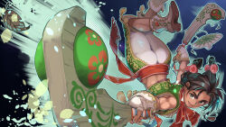 Rule 34 | 1girl, ass, black hair, boots, brown eyes, club (weapon), dark-skinned female, dark skin, fingerless gloves, gloves, green vest, hat, highres, holding, holding club, holding weapon, kuwango, lily hawk, mexican clothes, red sash, sash, smile, solo, sombrero, street fighter, street fighter 6, twintails, upside-down, vest, weapon, white boots, white gloves
