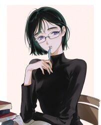 1girl alien_stage black_hair black_shirt bob_cut book book_stack border chair commentary_request glasses highres holding holding_pen long_sleeves looking_to_the_side official_alternate_costume on_chair parted_lips pen pen_to_mouth pink_background purple_eyes rectangular_eyewear roru_(lol_dessin) shirt short_hair sitting solo sua_(alien_stage) turtleneck turtleneck_shirt white_border