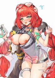 Rule 34 | 1girl, @ @, ^^^, artist logo, assisted exposure, blush, bracelet, eyewear on head, gradient background, green eyes, grey one-piece swimsuit, highres, holding, holding water gun, jewelry, logo, long hair, looking at viewer, nipple slip, nipples, official alternate costume, one-piece swimsuit, open mouth, pink one-piece swimsuit, pulling another&#039;s clothes, raccoon, raccoon tail, red hair, smile, sphere hair ornament, sukoyaka93, swimsuit, tail, thigh strap, two-tone one-piece swimsuit, ukinami yuzuha, ukinami yuzuha (tanuki in broad daylight), very long hair, water gun, white background, zenless zone zero