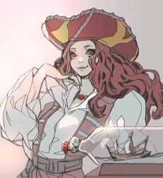 Rule 34 | 1girl, brown hair, closed mouth, disneyland, gloves, hat, hock, kyou o, long hair, long sleeves, looking at viewer, makeup, pirate, pirate costume, pirate hat, red hair, shirt, smile, wavy hair, wide sleeves