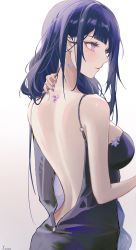 1girl absurdres alternate_costume artist_name back back_focus backless_dress backless_outfit black_dress breasts commentary_request dress dress_flower earrings fingernails floating_earring flower from_behind from_side genshin_impact hand_on_own_neck highres jewelry long_hair looking_away medium_breasts mitsudomoe_(shape) mole mole_under_eye nail_polish neck_tattoo no_hair_ornament profile purple_dress purple_eyes purple_flower purple_hair purple_nails raiden_shogun shoulder_blades signature simple_background solo spaghetti_strap tattoo tomoe_(symbol) white_background yutou_(yutou75)