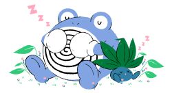 closed_eyes commentary commission creature creature_focus english_commentary gen_1_pokemon gloves gotchibam grass ko-fi_commission leaf nintendo no_humans no_mouth nostrils oddish on_grass open_mouth pokemon pokemon_(creature) pokemon_focus poliwhirl simple_background simple_flower sitting sleeping white_background white_gloves zzz