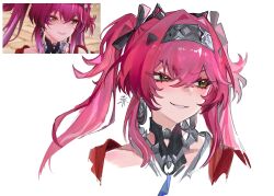 Rule 34 | 1girl, black bow, bow, collar, commentary, earrings, english commentary, fei (tovurn), game screenshot inset, hair between eyes, hair bow, hairband, highres, jewelry, long hair, lupa (wuthering waves), metal collar, metal hairband, multiple hair bows, parted lips, pink hair, red pupils, simple background, smile, solo, twintails, v-shaped eyebrows, white background, wuthering waves, yellow eyes