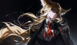 1girl absurdres animal_ear_fluff animal_ears arknights black_jacket blonde_hair bullet_hole floating_hair fox_ears highres jacket long_hair necktie red_necktie scar scar_on_face sishima solo upper_body vulpisfoglia_(arknights)