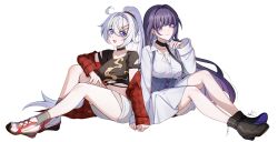 Rule 34 | 2girls, absurdres, ahoge, black shirt, black socks, cutescookie, dress, high ponytail, highres, honkai (series), honkai impact 3rd, kiana kaslana, long hair, long sleeves, multiple girls, open mouth, ponytail, purple eyes, purple hair, raiden mei, shirt, simple background, socks, white background, white dress, white hair, white sneakers