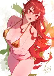 1girl arms_under_breasts bikini blush breasts breasts_squeezed_together cleavage collarbone cowboy_shot curly_hair dated eris_greyrat gold_bikini hair_between_eyes highres kiyo_(a_sam_ko) large_breasts long_hair looking_at_viewer mushoku_tensei open_mouth red_eyes red_hair side-tie_bikini_bottom signature solo string_bikini swimsuit v-shaped_eyebrows very_long_hair