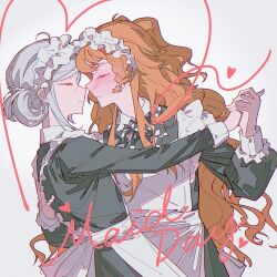 Rule 34 | 2girls, apron, black dress, blush, bow, bowtie, checkered bow, checkered bowtie, checkered clothes, closed eyes, closed mouth, dress, face-to-face, frilled apron, frills, from side, grey hair, hair bun, hand on another&#039;s back, hands up, heart, highres, holding hands, long hair, long sleeves, maid, maid apron, maid day, maid headdress, multiple girls, noses touching, orange hair, profile, reverse:1999, short hair, single side bun, sonetto (reverse:1999), upper body, vertin (reverse:1999), white apron, white background, yuri, zhizhizi