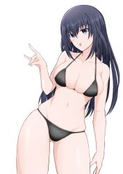 1girl :p absurdres agatsuma_kei alice_gear_aegis bikini black_bikini black_hair blue_eyes breasts cleavage collarbone contrapposto covered_erect_nipples cowboy_shot fox_shadow_puppet gluteal_fold hair_between_eyes highres large_breasts long_hair looking_at_viewer navel simple_background skindentation smile solo standing swimsuit tongue tongue_out tubamesaapoo white_background