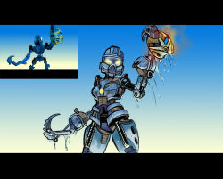 1girl bionicle breasts commentary derivative_work english_commentary gali_(bionicle) game_screenshot_inset glowing glowing_eyes greenguy holding holding_mask humanoid_robot kanohi_(bionicle) letterboxed looking_at_viewer mask medium_breasts reference_inset robot screenshot_inset screenshot_redraw solo the_lego_group water yellow_eyes