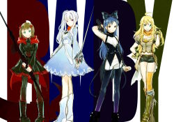 Rule 34 | 4girls, ahoge, amami haruka, armpits, asymmetrical legwear, besame-mucho, blake belladonna, blake belladonna (cosplay), blonde hair, blue hair, boots, brown eyes, brown hair, cosplay, green eyes, hair ribbon, holding, holding sword, holding weapon, hoshii miki, idolmaster, idolmaster (classic), kisaragi chihaya, looking at viewer, multiple girls, pantyhose, parody, purple eyes, rapier, ribbon, ruby rose, ruby rose (cosplay), rwby, shijou takane, side ponytail, smile, sword, thighhighs, uneven legwear, weapon, weiss schnee, weiss schnee (cosplay), white hair, yang xiao long, yang xiao long (cosplay)
