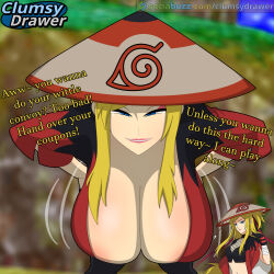 1girl areola_slip artist_logo bad_tag big_breasts blonde_hair blue_eyes blurry blurry_background breasts breeze_dancer clumsydrawer english english_text eyeshadow female female_focus hat konohagakure_symbol large_breasts lipstick logo looking_at_viewer makeup naruto naruto_(series) naruto_online no_bra no_panties outdoors pink_eyeshadow pink_lips robe self-upload smug solo solo_focus straw_hat talking teasing updo watermark web_address