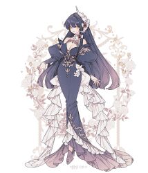 1girl bare_shoulders breasts cleavage dress floral_background flower full_body hair_ornament high_heels lemon89h long_hair long_sleeves looking_at_viewer medium_breasts original rococo_movement solo standing very_long_hair yellow_eyes