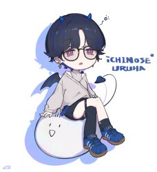 Rule 34 | 1girl, absurdres, asymmetrical legwear, bat wings, black hair, black shirt, black socks, black thighhighs, blue footwear, blue hair, blue horns, blue nails, character name, chibi, chibi only, colored inner hair, crossed legs, curtained hair, demon girl, earrings, fang, glasses, grey sweater, half-closed eyes, heart, heart tail, highres, horns, ichinose uruha, jewelry, lupinus virtual games, multicolored hair, open mouth, purple eyes, shadow, shirt, shoes, short hair, simple background, simuyutou, single thighhigh, sitting, small horns, sneakers, socks, squeans, streaked hair, sweater, sweater tucked in, tail, thigh strap, thighhighs, turtleneck, turtleneck sweater, virtual youtuber, vspo!, white background, wings
